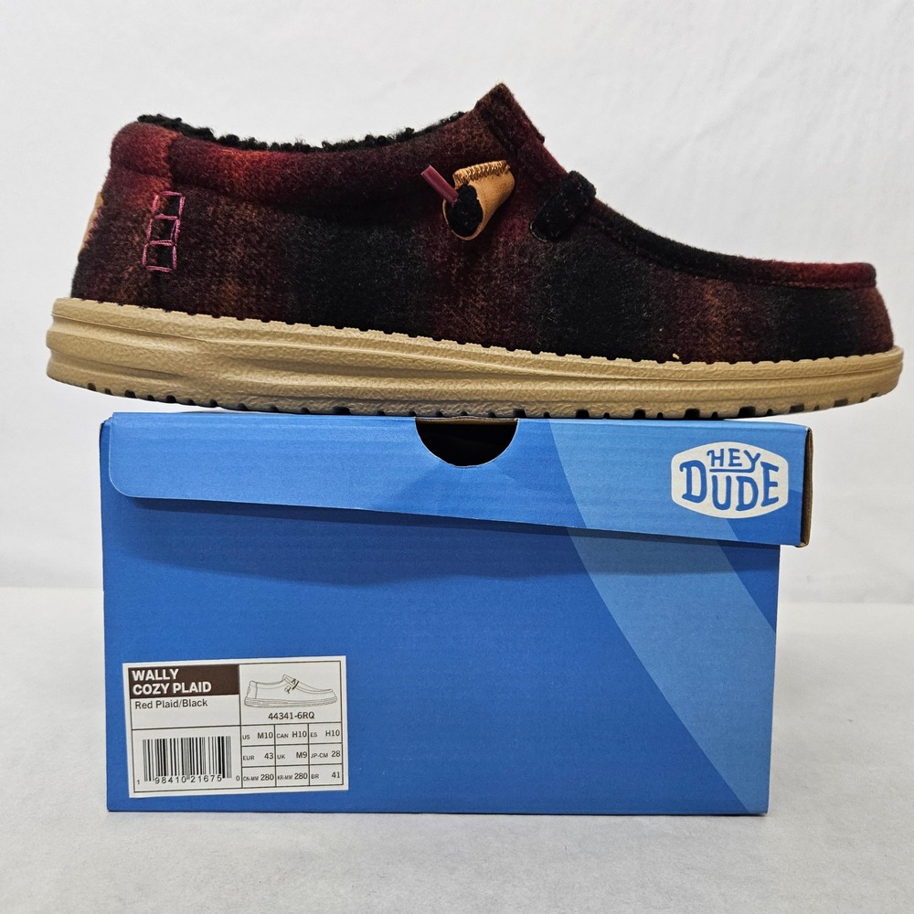 Hey Dude Wally‎ Cozy Plaid Loafers Lined 44341-6RQ Red Black Mens Size 10